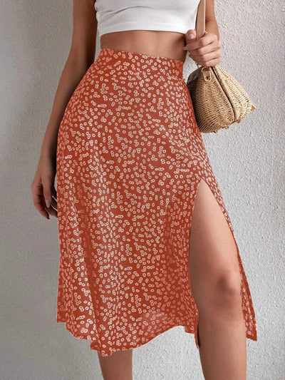 Women's Midi Skirt High Waist Floral Print A-Line with Side Slit-2