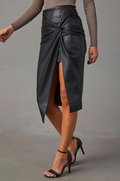 Women's Black Faux Leather Pencil Skirt Ruched Front High Slit-3
