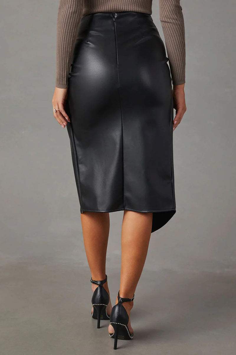 Women's Black Faux Leather Pencil Skirt Ruched Front High Slit-4