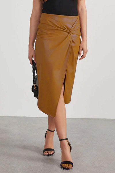 Women's Black Faux Leather Pencil Skirt Ruched Front High Slit-6