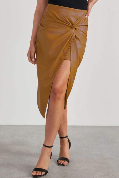 Women's Black Faux Leather Pencil Skirt Ruched Front High Slit-5