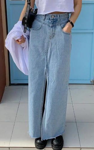 Women's Denim Maxi Skirt Split-1