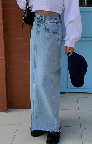 Women's Denim Maxi Skirt Split-3