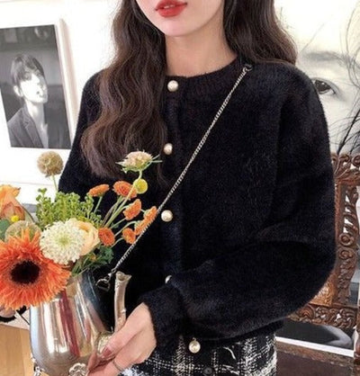 Arabella | Women's Cropped Fuzzy Cardigan with Pearl Buttons 3