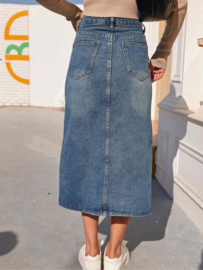 Women's Denim Midi Skirt High Waist Front Slit-6