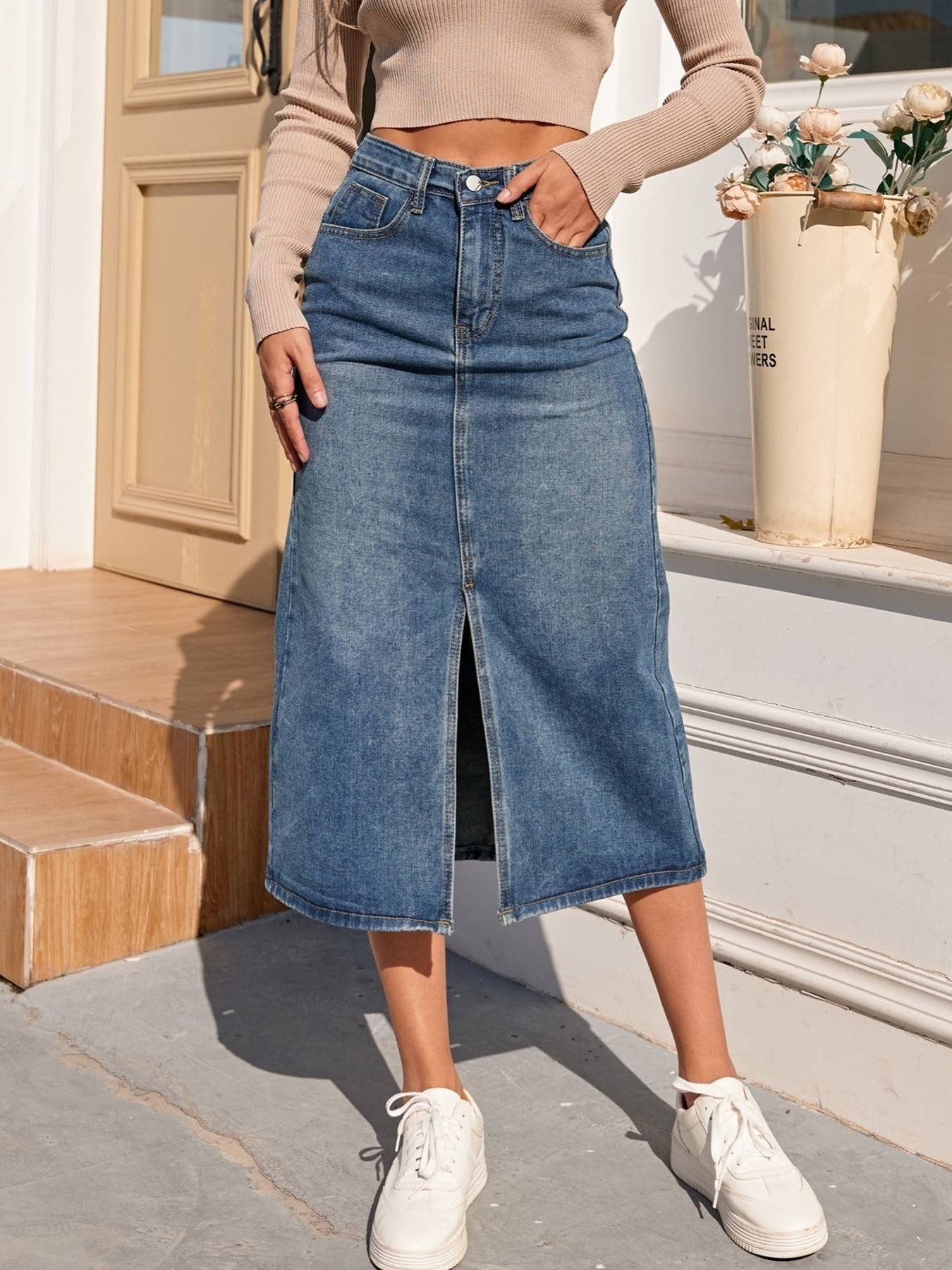 Women's Denim Midi Skirt High Waist Front Slit-2