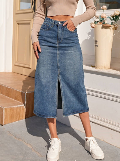 Variant image for Women's Denim Midi Skirt High Waist Front Slit-1