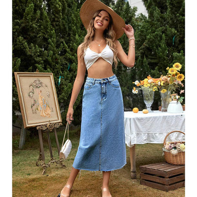 Variant image for Women's Denim Maxi Skirt High Waist Frayed Hem-7