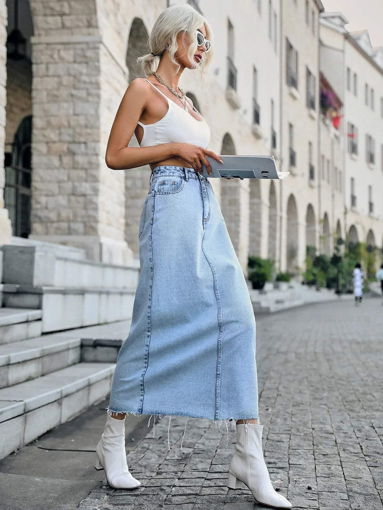 Women's Denim Maxi Skirt High Waist Frayed Hem-3