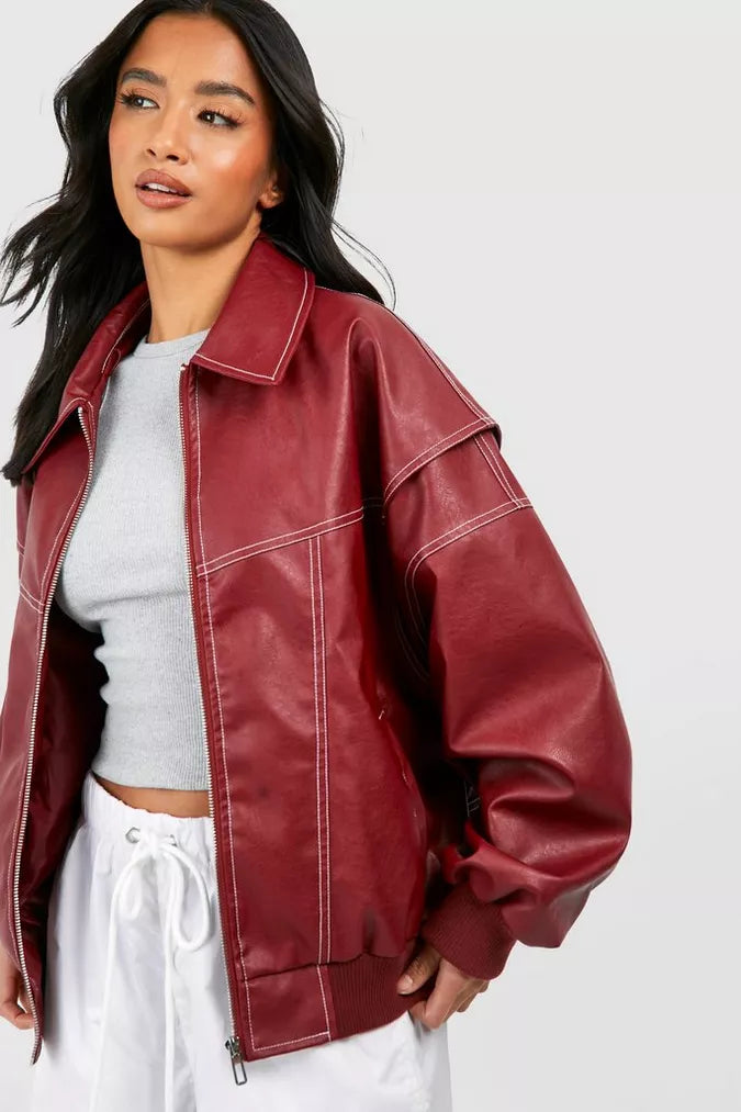 Faye | Oversized Red Leather Jacket 0