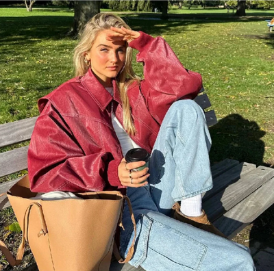 Faye | Oversized Red Leather Jacket 2