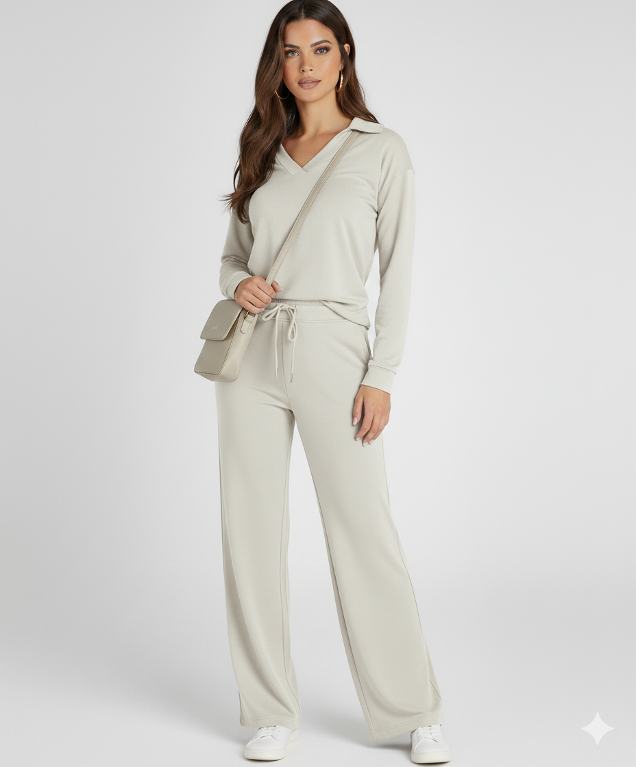 Fiona | Women's Loungewear Set V-Neck Collared Top and Drawstring Pants 4