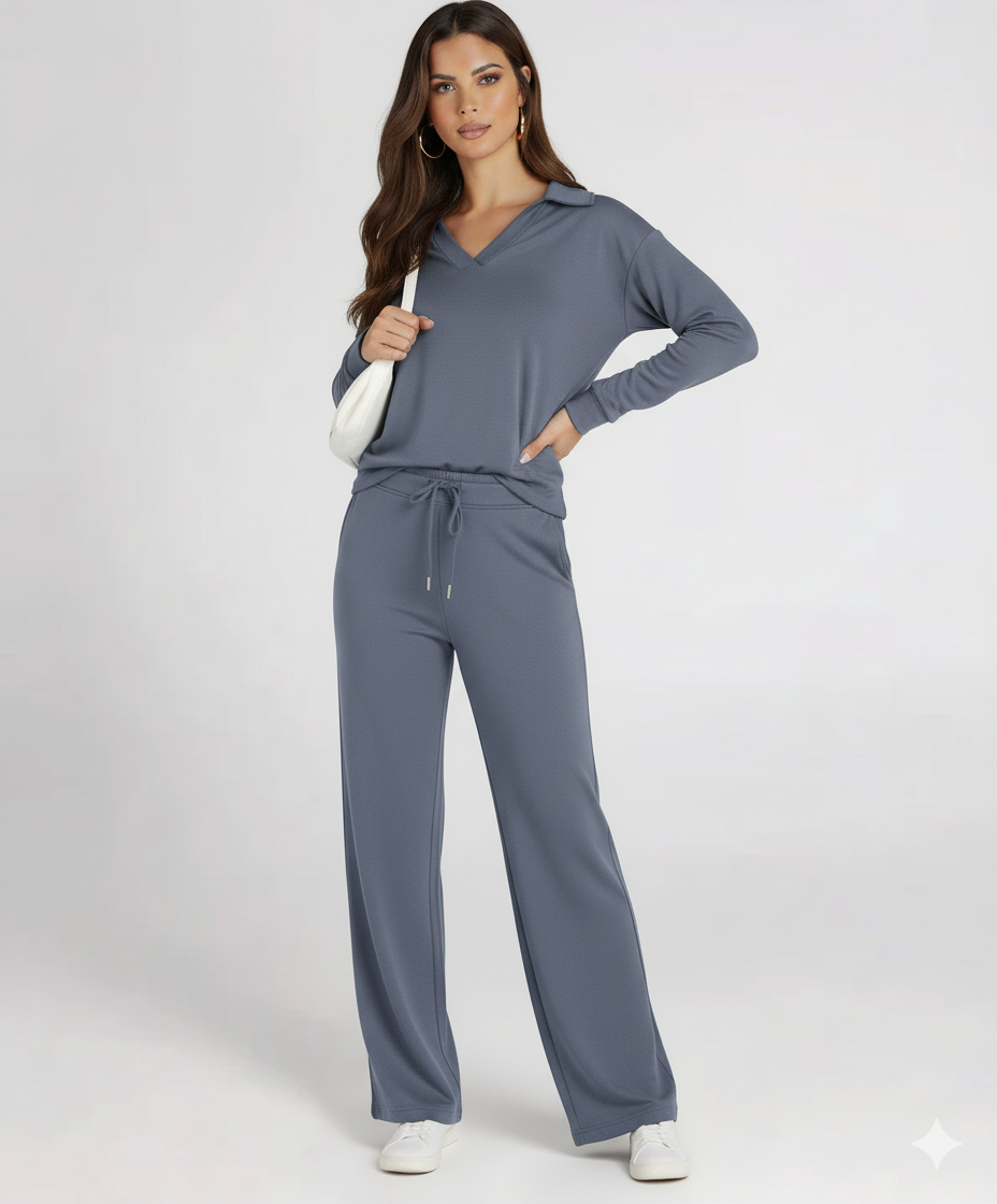 Fiona | Women's Loungewear Set V-Neck Collared Top and Drawstring Pants 5