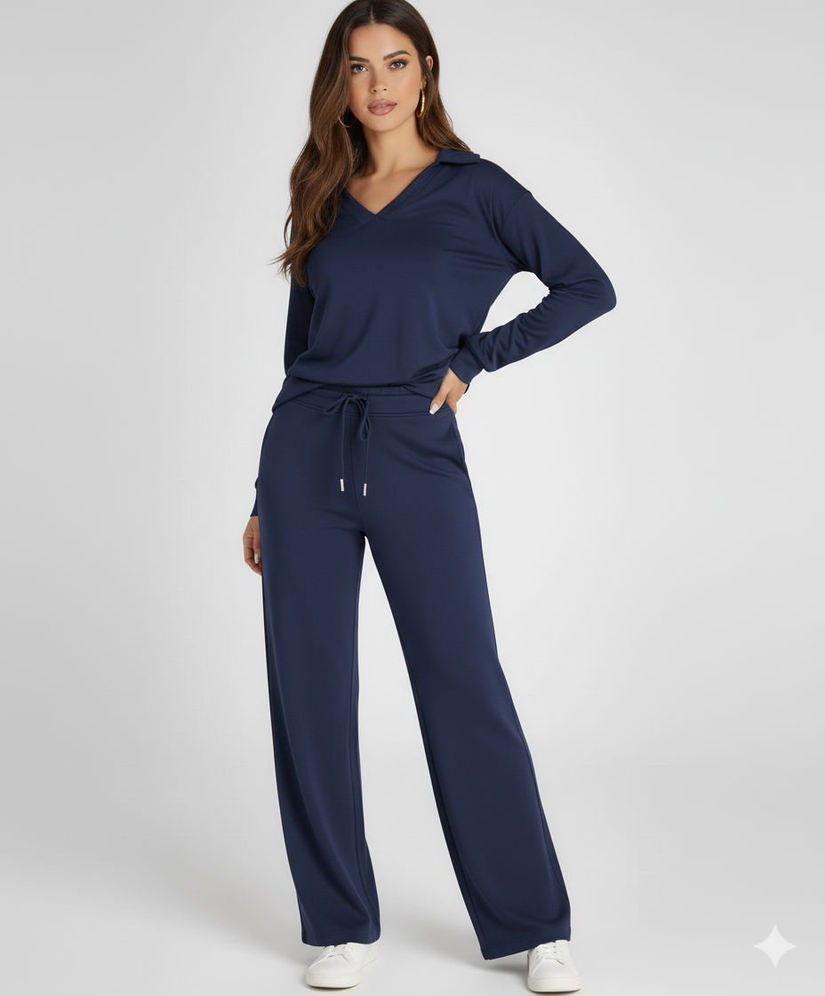 Fiona | Women's Loungewear Set V-Neck Collared Top and Drawstring Pants 6