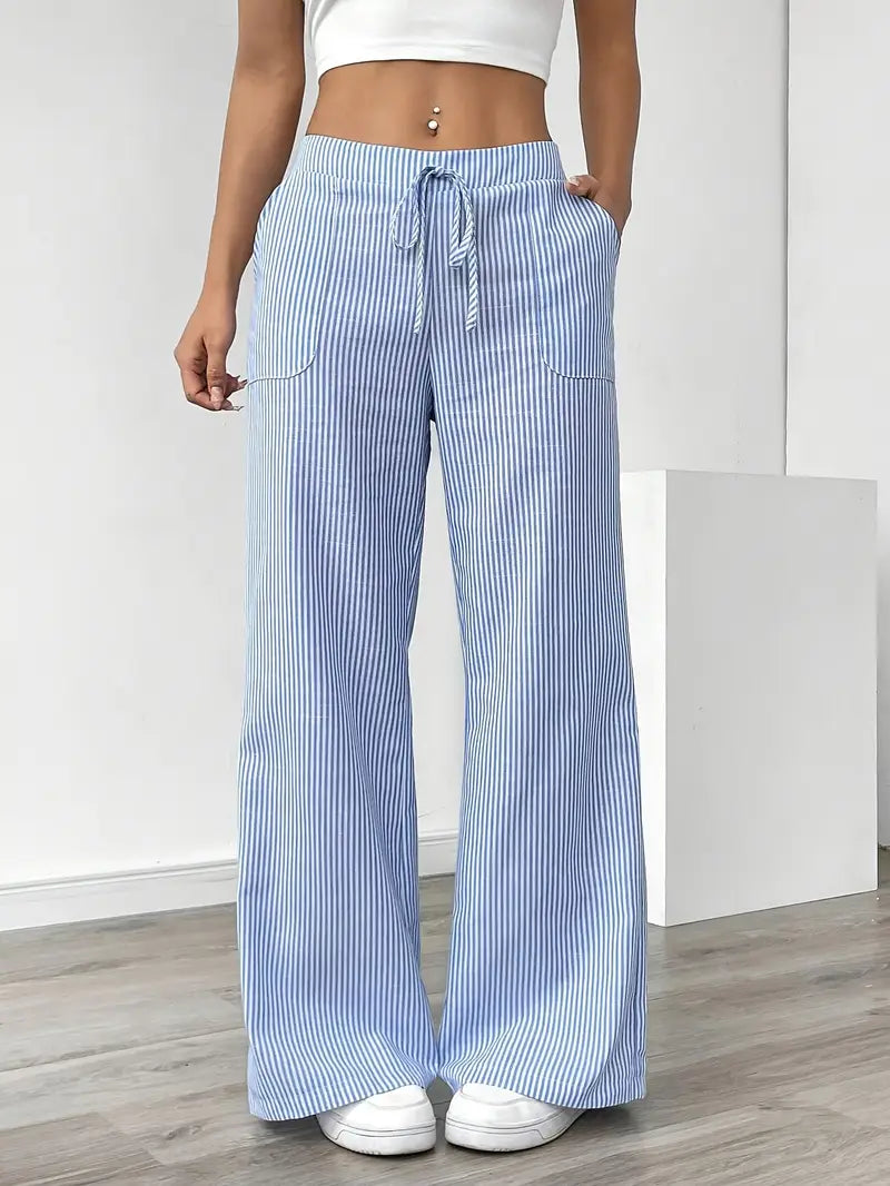 Linda | Women's Wide Leg Pants With Vertical Stripes and Pockets 2