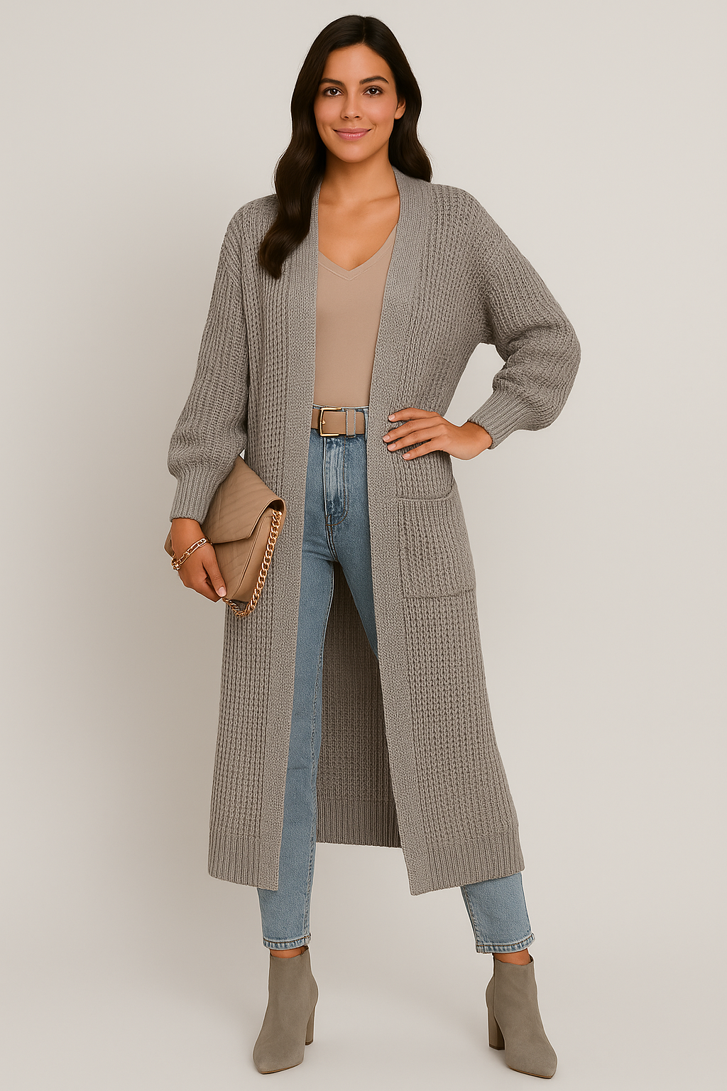 Narelle | Women's Long Chunky Knit Open-Front Cardigan with Pockets 4
