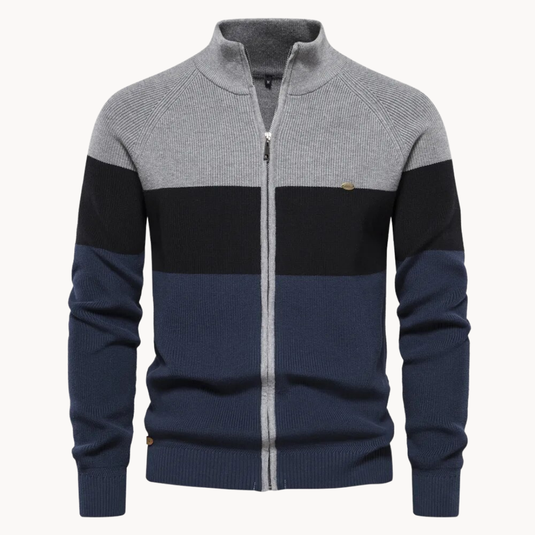 Oliver | Men’s Zip Up Cardigan With Refined Collar Contrast Stripe 1