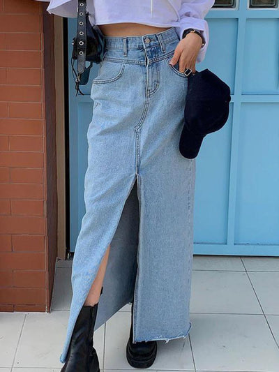 Women's Denim Maxi Skirt Split-2