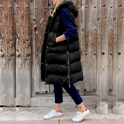 Sophia | Women's Black Quilted Long Vest with Hood 2