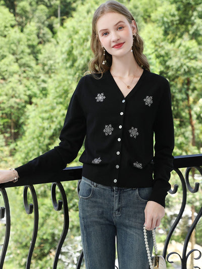 Sophia | Women's Black V-Neck Cardigan with Snowflake Accents 3