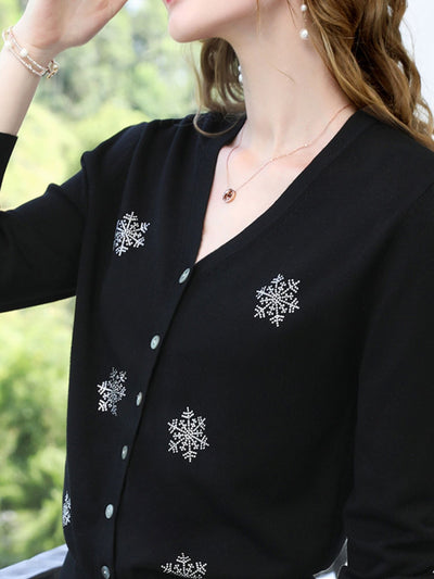 Sophia | Women's Black V-Neck Cardigan with Snowflake Accents 4