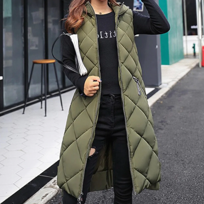 Sophia | Women's Long Hooded Quilted Vest with Zipper Pockets 0