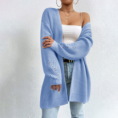 Sophia | Women's Long Open-Front Knit Cardigan in Soft Blue 0