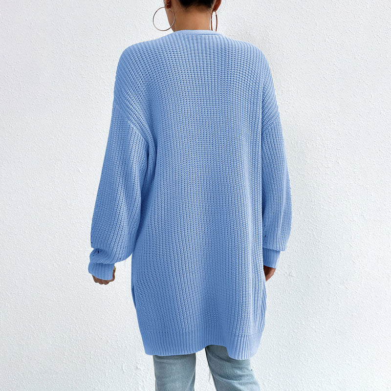 Sophia | Women's Long Open-Front Knit Cardigan in Soft Blue 2