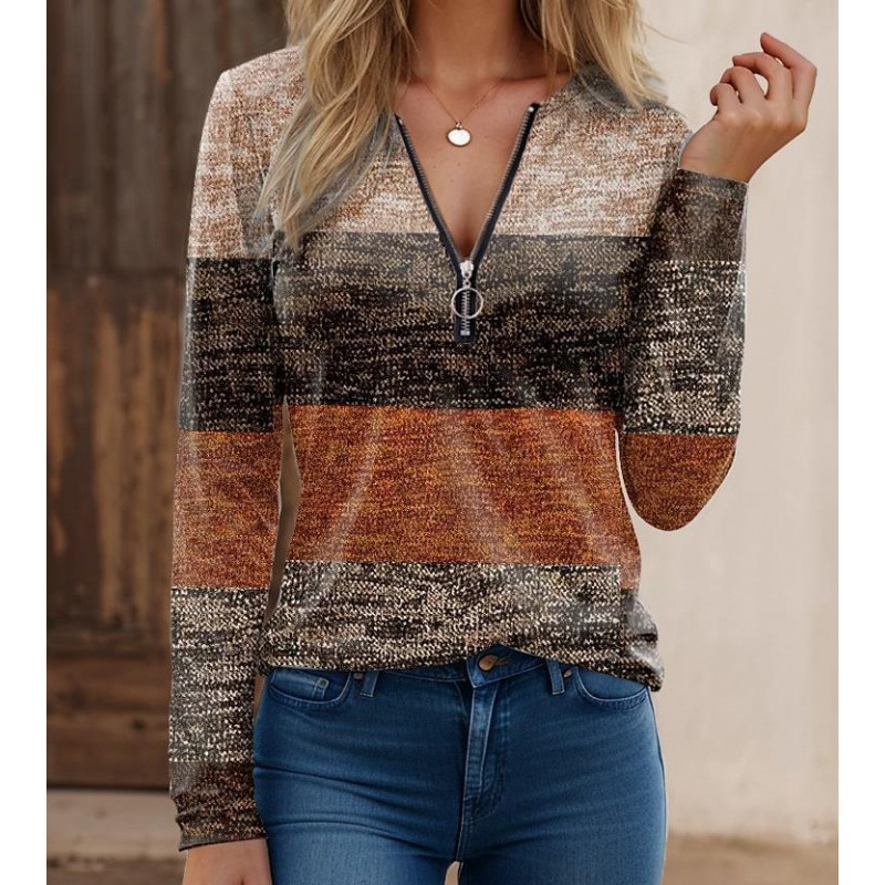 Sophia | Women's Long Sleeve Shirt Zipper Collar Spliced Print 0