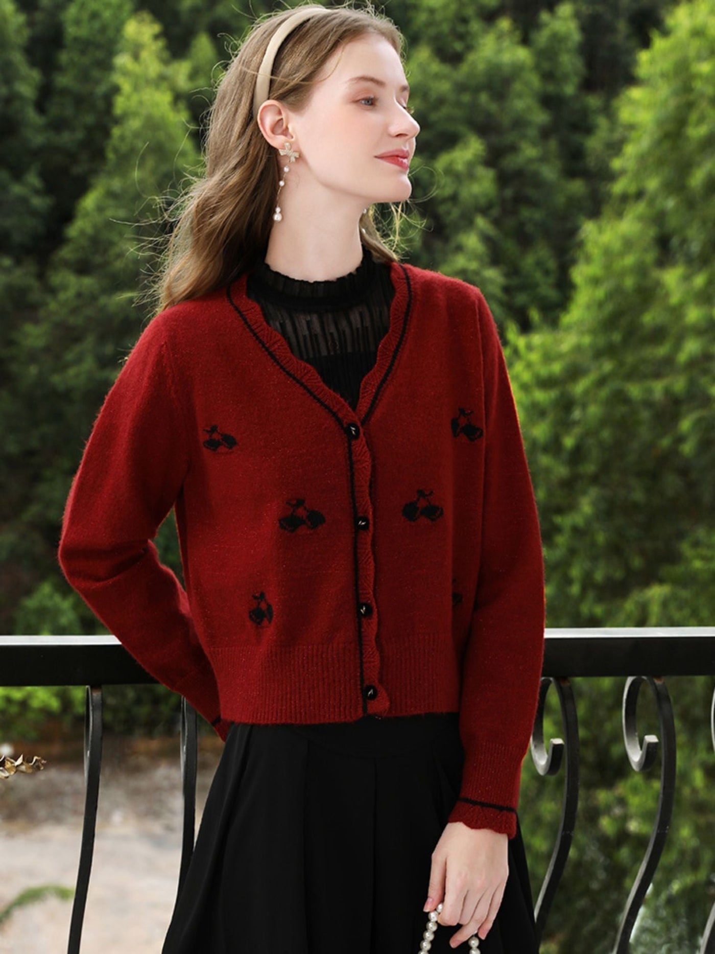 Sophia | Women's Red Knit Cardigan with Embroidery and V-Neck 1