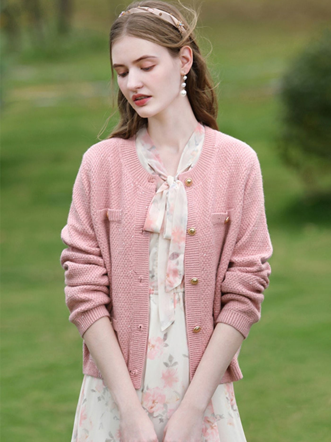 Sophia | Women's Tweed Knit Cardigan with Gold Buttons 2