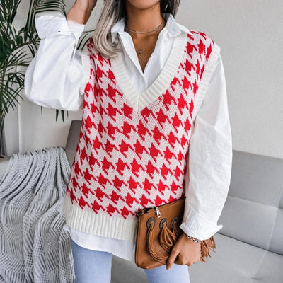 Yara | Women's Black Checked Sweater Vest With V-Neck 1