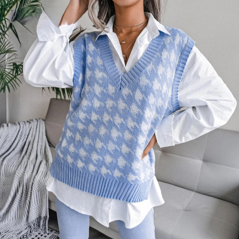 Yara | Women's Black Checked Sweater Vest With V-Neck 2