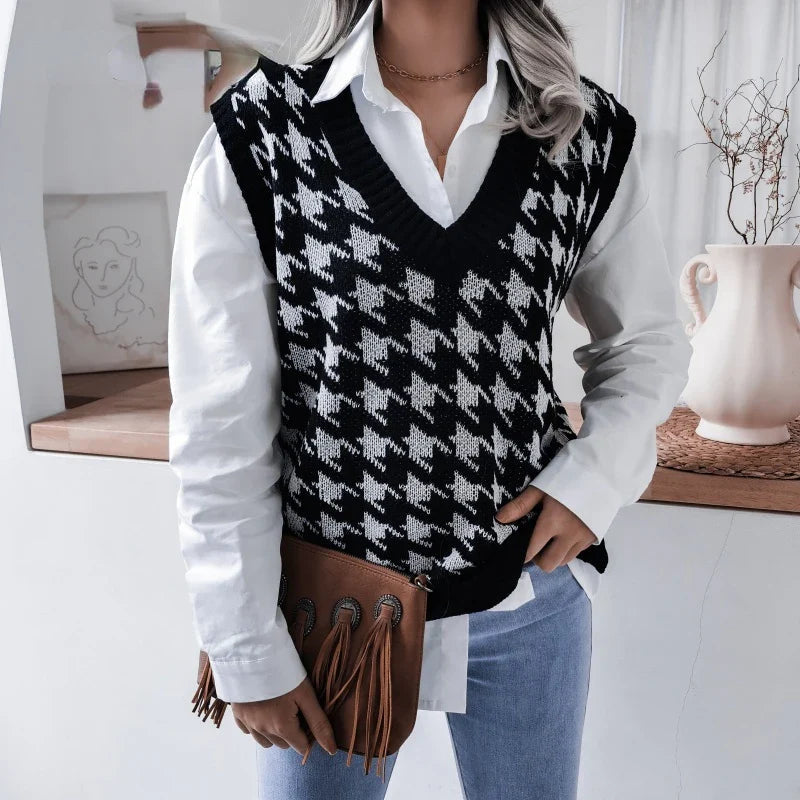 Yara | Women's Black Checked Sweater Vest With V-Neck 3