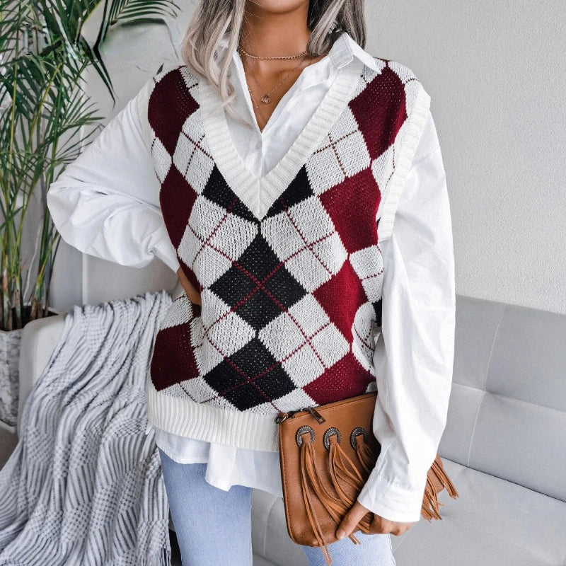 Yara | Women's Black Checked Sweater Vest With V-Neck 7