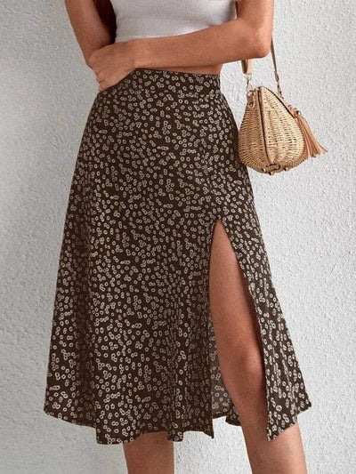 Women's Midi Skirt High Waist Floral Print A-Line with Side Slit-5