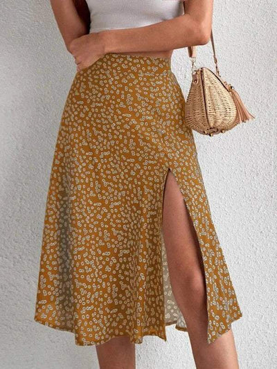 Variant image for Women's Midi Skirt High Waist Floral Print A-Line with Side Slit-16